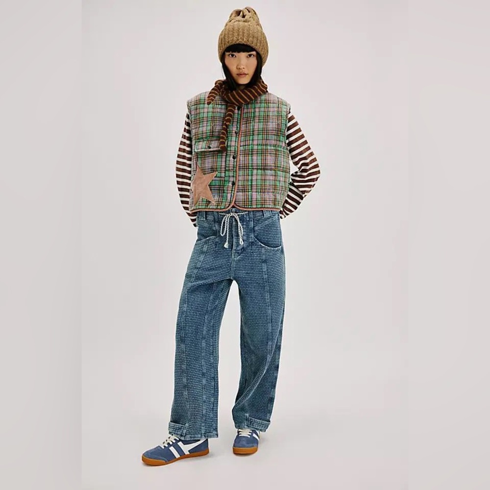 NWT Free People Washed Away Pull On Boyfriend Jeans Waffle Knit - Picture 3 of 8